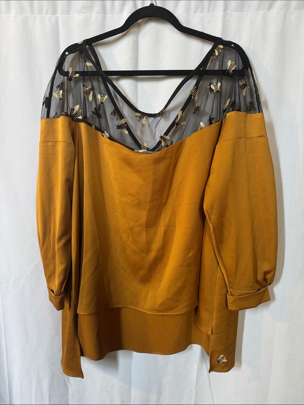 Mustard Mesh-Yoke Tunic Top with Gold Embroidery